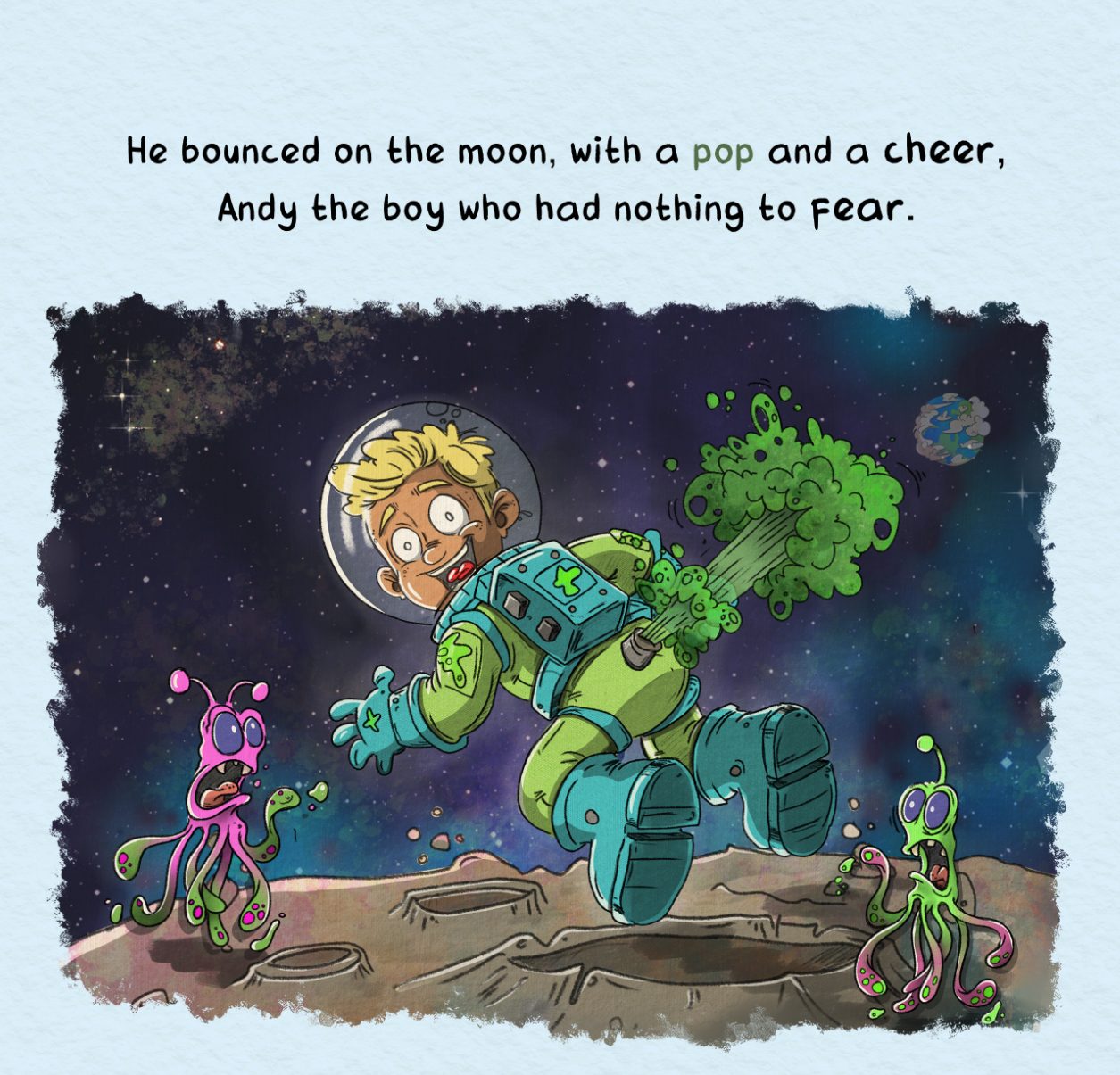 Kid astronaut on the moon — imagination picture book illustration by Andrew Tynan
