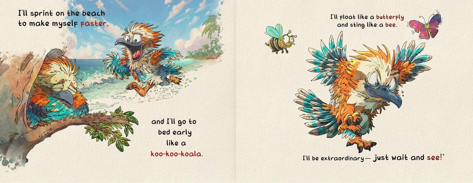 Kookaburra training on the beach — spread from Damien Kookaburra by Andrew Tynan