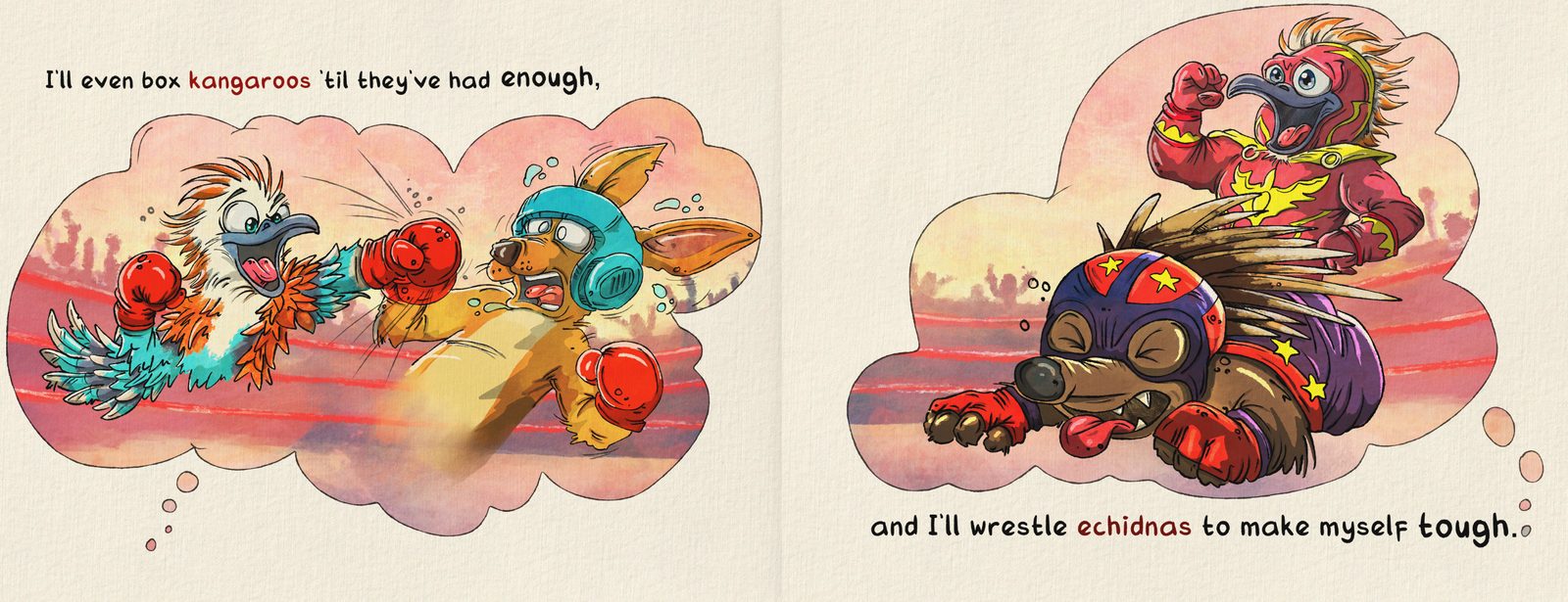 Boxing kangaroos spread from Damien Kookaburra — Australian AFL children's book illustration by Andrew Tynan