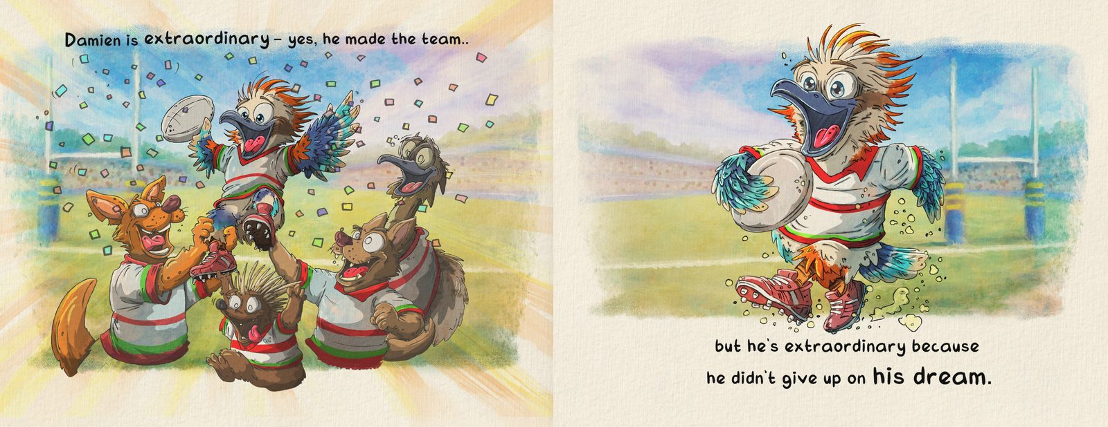 Damien Kookaburra makes the footy team — Australian AFL children's book spread by Andrew Tynan