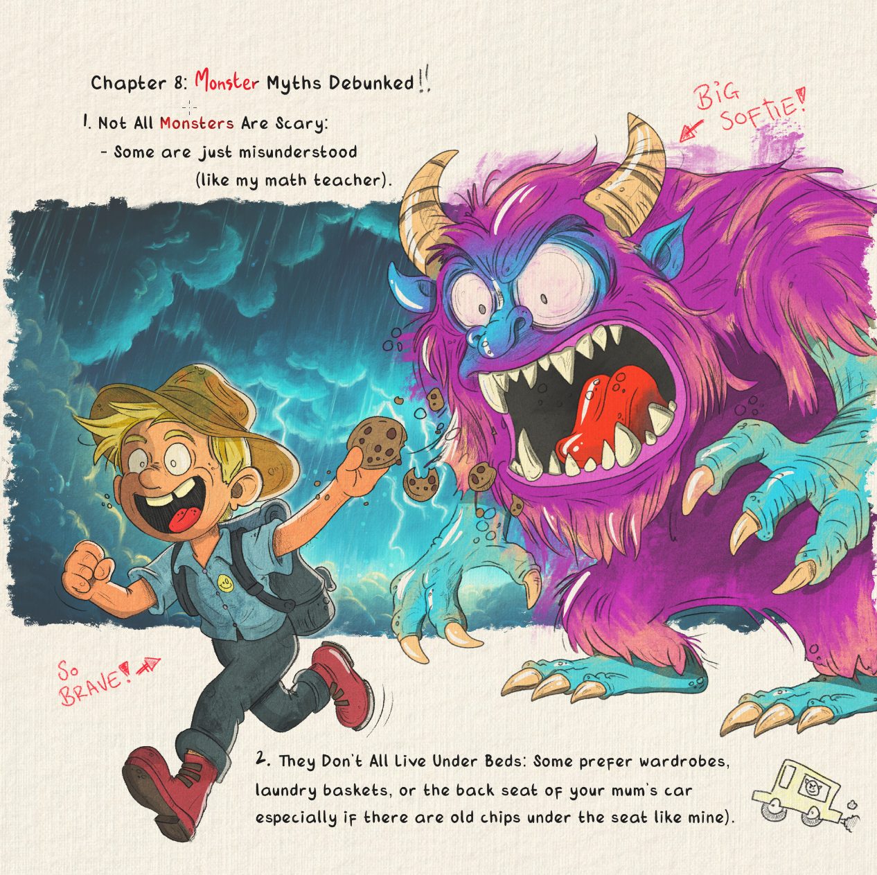 Monster chasing a boy with cookies — funny children's book illustration by Andrew Tynan