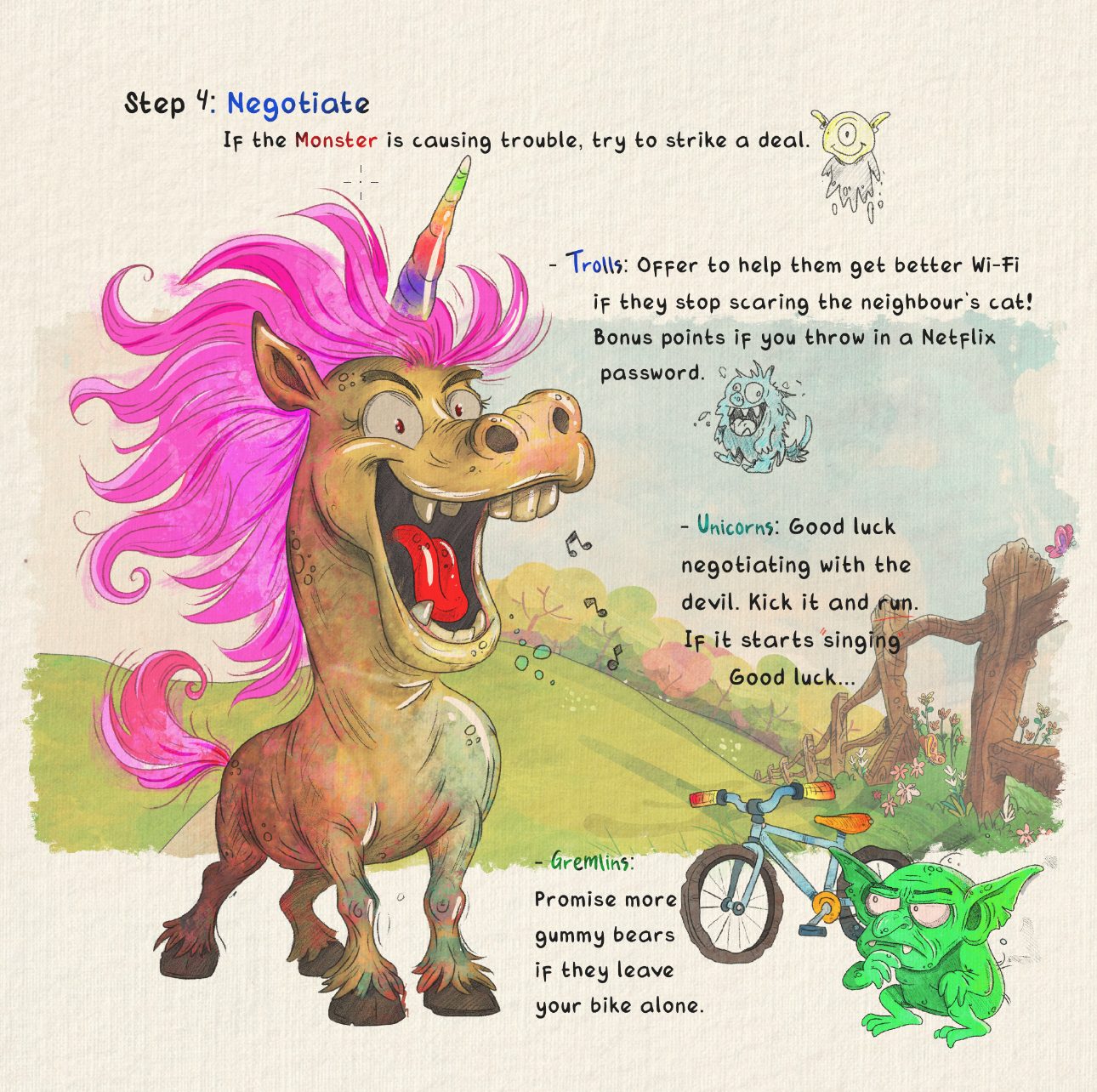 Negotiate with monsters — funny spread from The Ultimate Monster Hunter Guidebook by Andrew Tynan