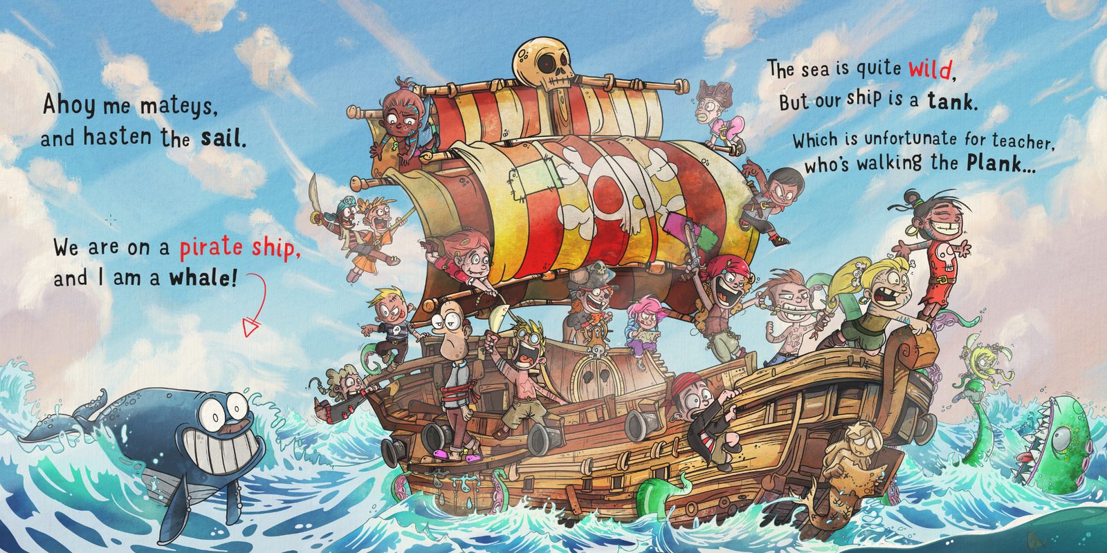 Pirate ship picture book spread — children's book illustration by Andrew Tynan