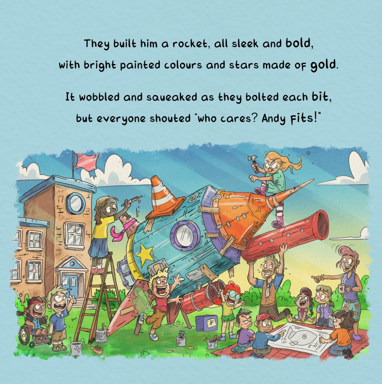 Kids building a rocket — fun picture book illustration by Andrew Tynan