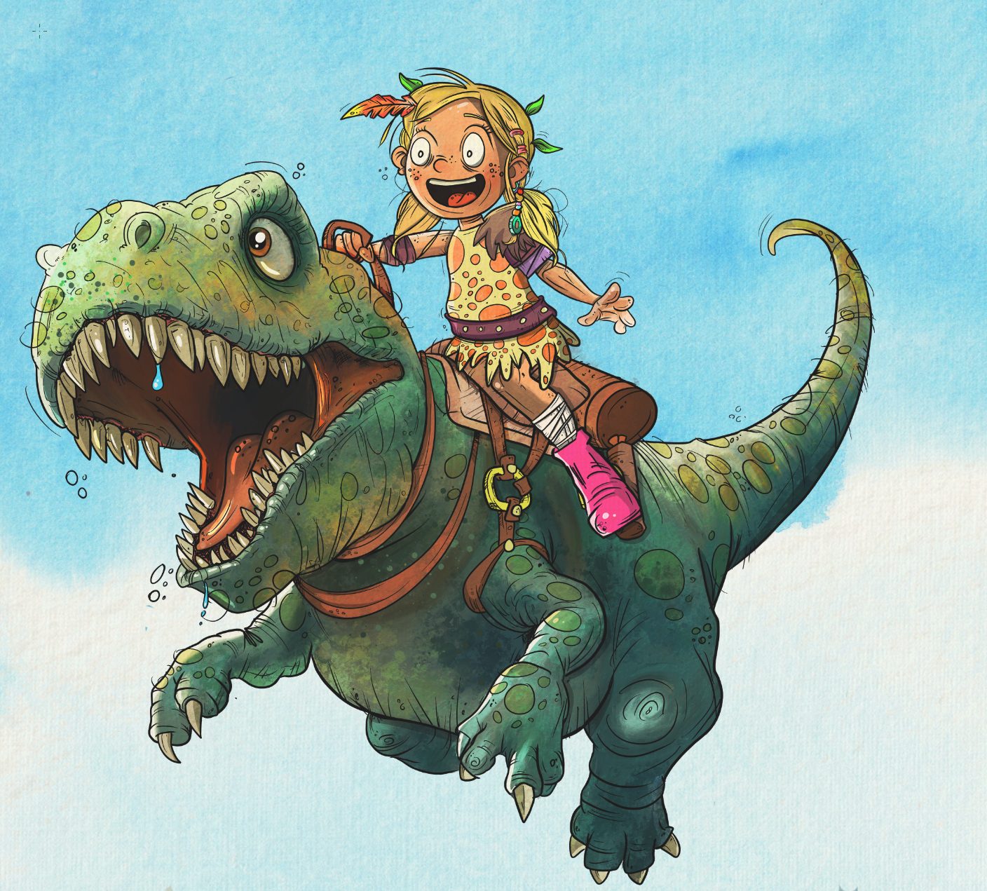 Girl riding a T-rex — dinosaur picture book illustration by Andrew Tynan