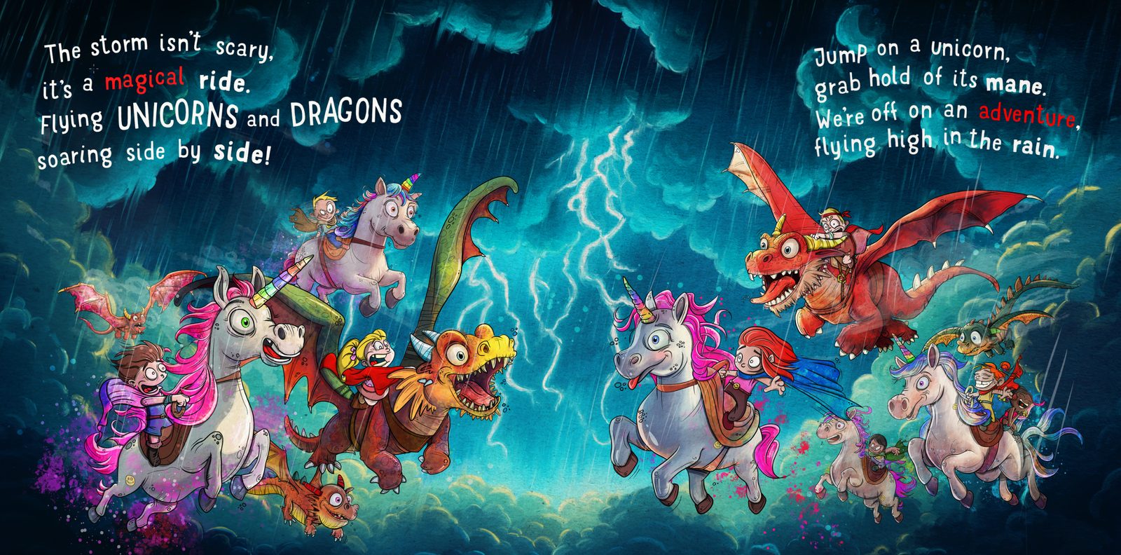 Flying unicorns and dragons — colourful children's book illustration by Andrew Tynan