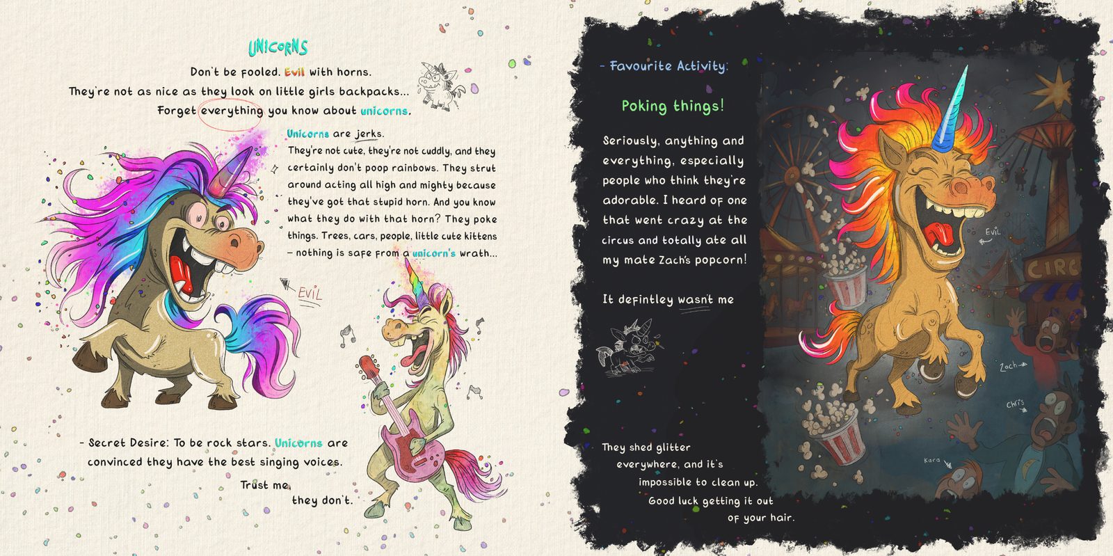 Unicorns spread from The Ultimate Monster Hunter Guidebook — funny picture book art by Andrew Tynan